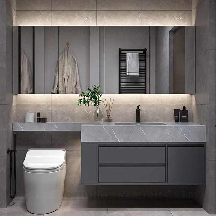 Light Luxury Extension Cut Corner Custom Sintered Stone Bathroom Washbasin Toilet Vanity Smart LED Mirrored Cabinet with Sink