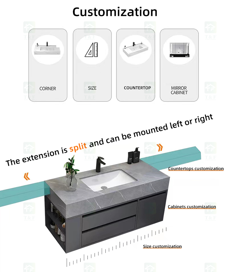 Light Luxury Extension Cut Corner Custom Sintered Stone Bathroom Washbasin Toilet Vanity Smart LED Mirrored Cabinet with Sink