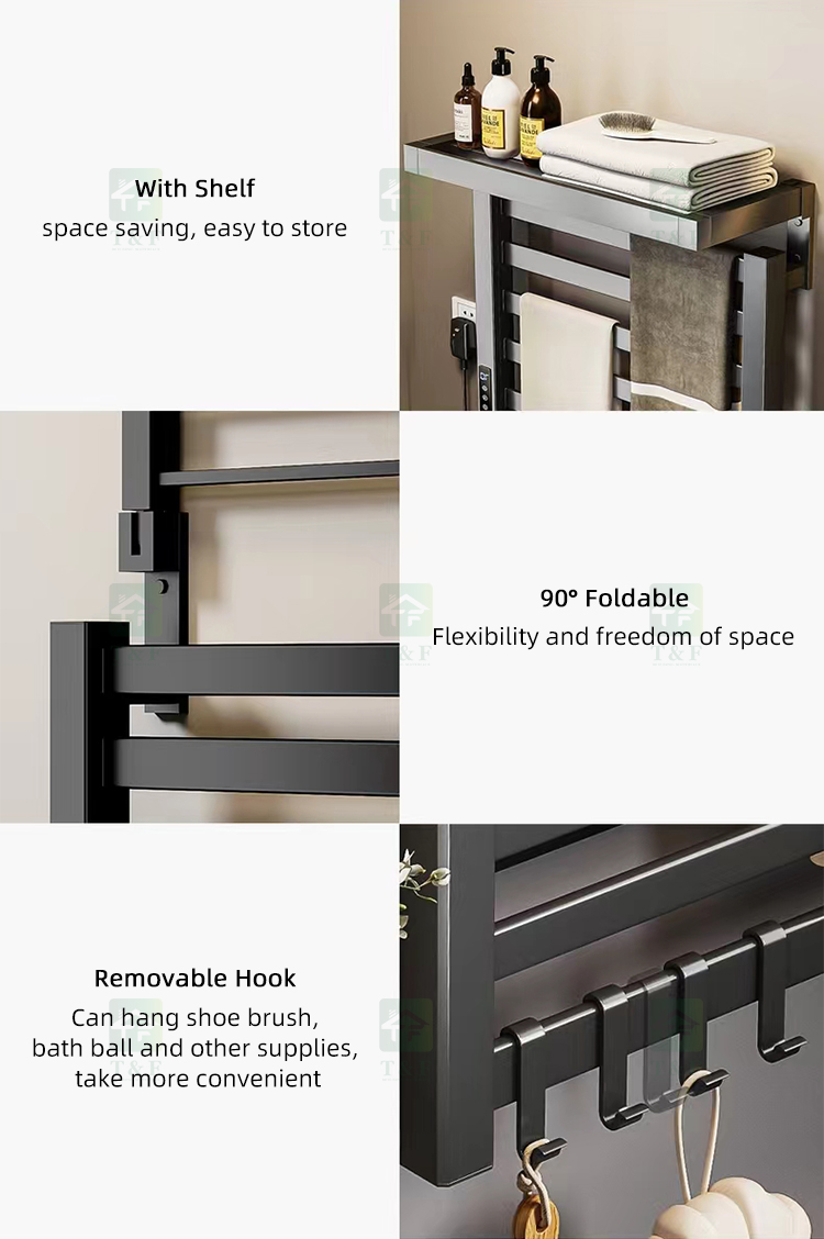 Wall Mounted Foldable Intelligent Electric Heated Bathroom Towel Rack No Drilling Towel Rails