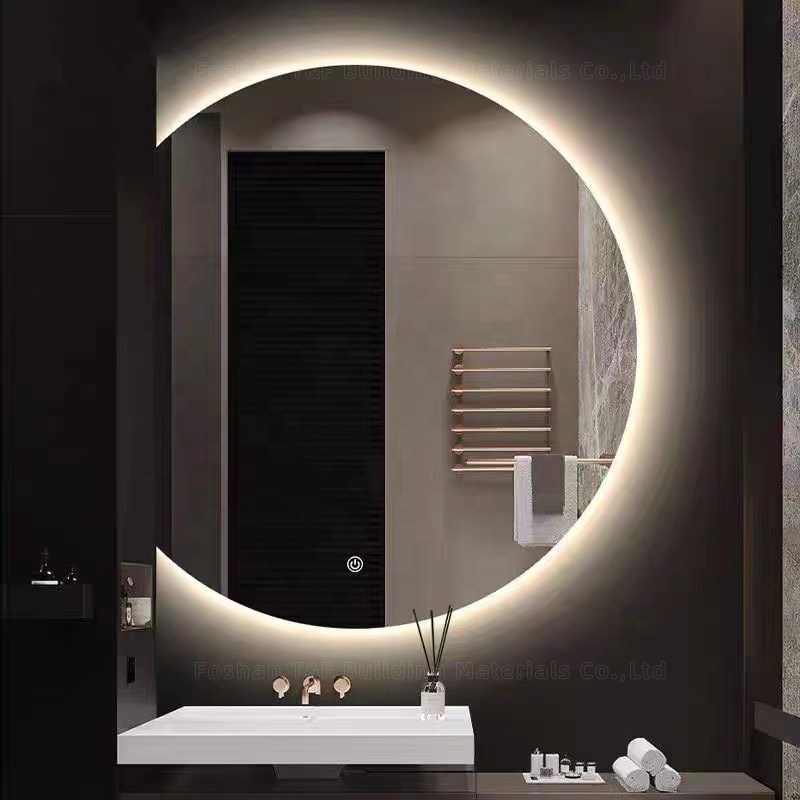 Hotel Bathroom Vanity Wall Half Round Mirror Customized Led Backlit Defogger Smart Half Moon Bath Mirrors