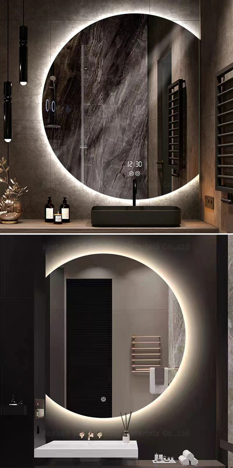 Hotel Bathroom Vanity Wall Half Round Mirror Customized Led Backlit Defogger Smart Half Moon Bath Mirrors