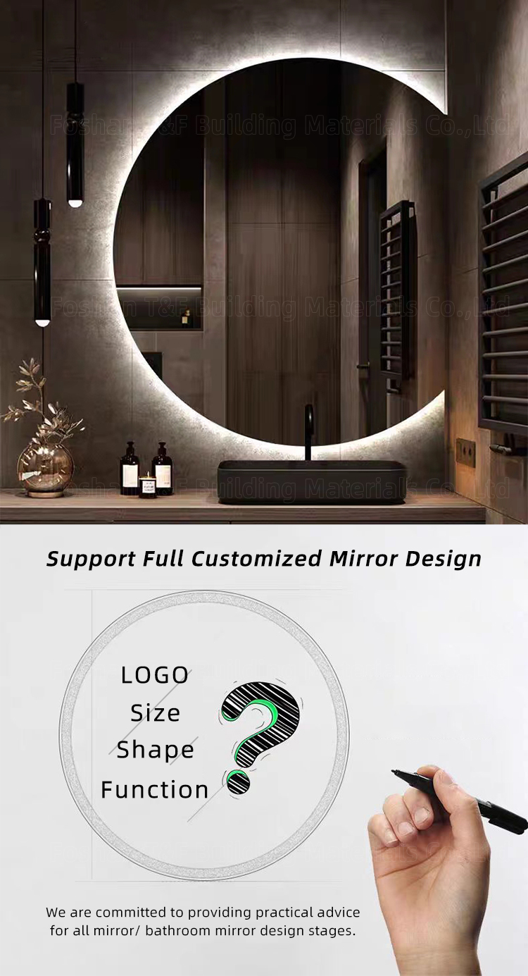 Hotel Bathroom Vanity Wall Half Round Mirror Customized Led Backlit Defogger Smart Half Moon Bath Mirrors