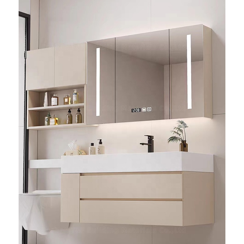New Cream Design Bath Room Vanity Units Solid Surface Wash Basin Wooden Panel Bathroom Cabinet With Mirror