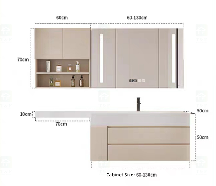 New Cream Design Bath Room Vanity Units Solid Surface Wash Basin Wooden Panel Bathroom Cabinet With Mirror