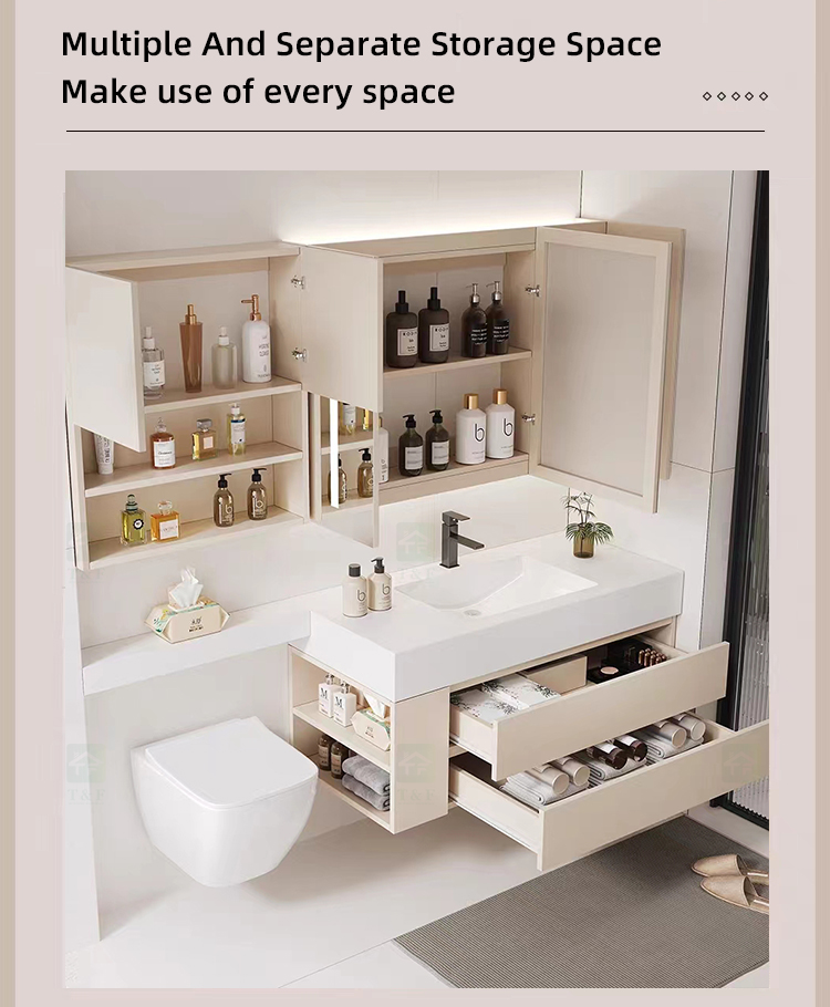 New Cream Design Bath Room Vanity Units Solid Surface Wash Basin Wooden Panel Bathroom Cabinet With Mirror