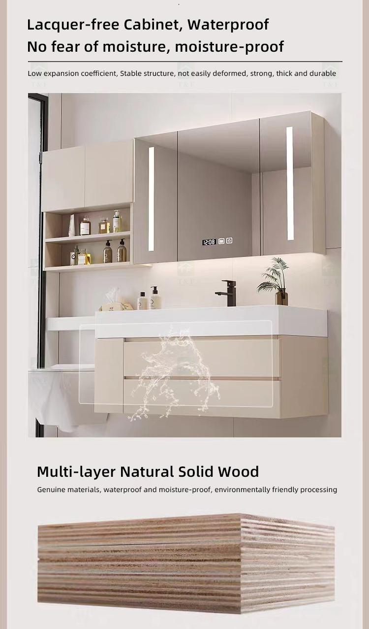 New Cream Design Bath Room Vanity Units Solid Surface Wash Basin Wooden Panel Bathroom Cabinet With Mirror