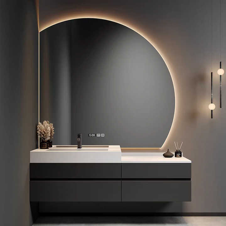 Luxury Solid Wood Bathroom Drawer Storage Vanity Cabinet With Half Moon Mirror Wash Basin for Hotel Bathroom
