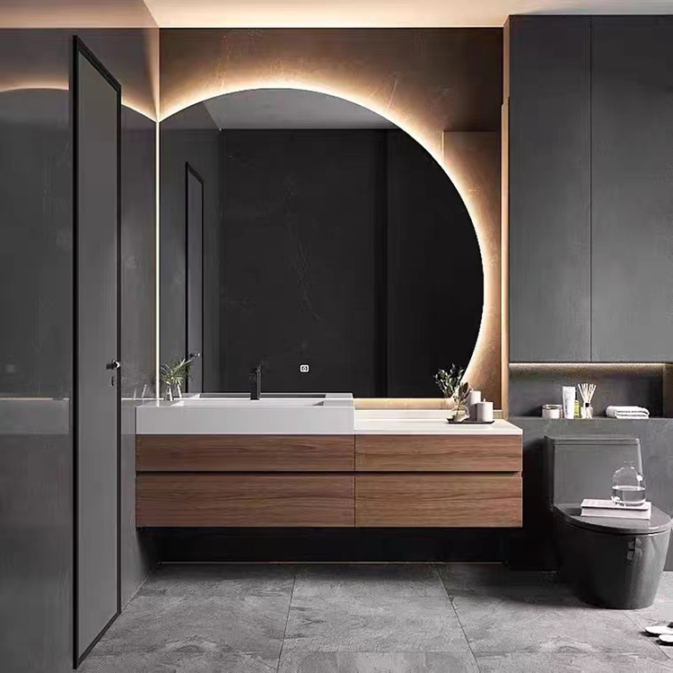 Luxury Solid Wood Bathroom Drawer Storage Vanity Cabinet With Half Moon Mirror Wash Basin for Hotel Bathroom