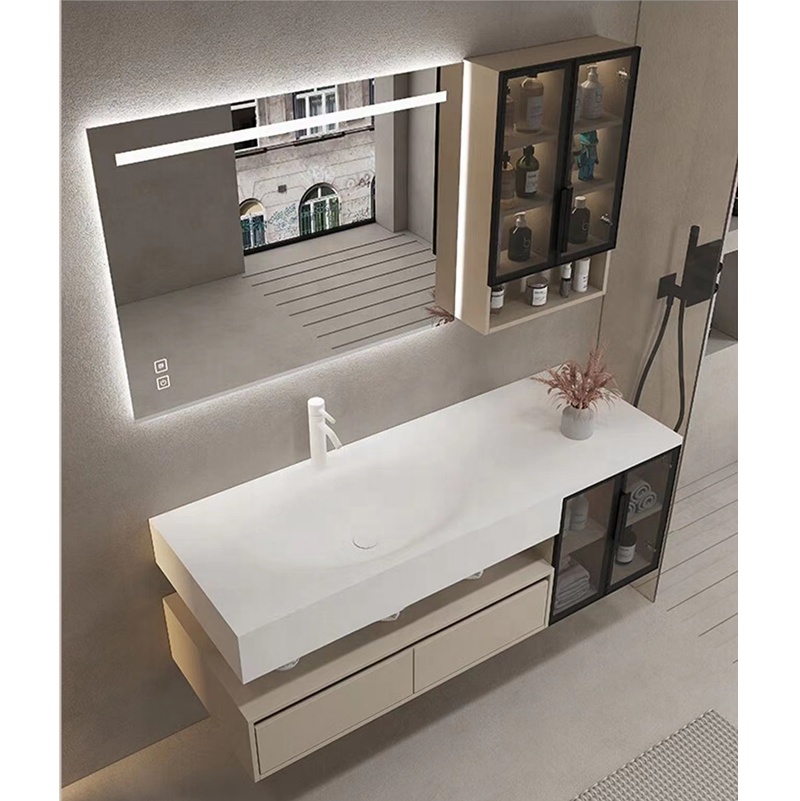 Wall Hung Solid Surface Acrylic One Piece Wash Basin Bath Sink Countertop Bathroom Furniture Vanity Cabinet