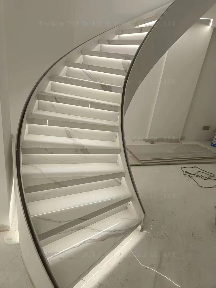 Customized Design Polished White Marble Look Porcelain Floor Tiles Stairs Matte Sintered Stone Stair Steps and Risers