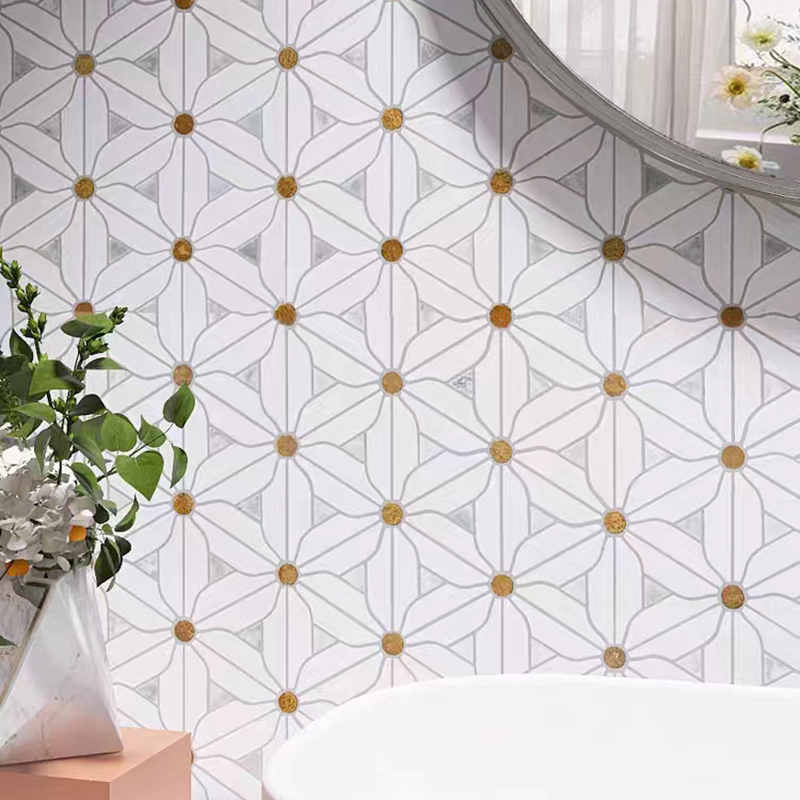 Decorative Flower Patterns White Natural Marble Mosaic Tile for Kitchen Backsplash Wall and Bathroom Floor