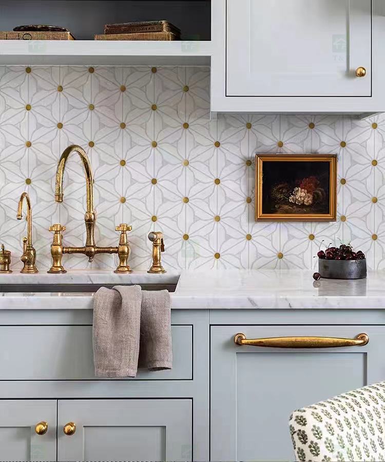Decorative Flower Patterns White Natural Marble Mosaic Tile for Kitchen Backsplash Wall and Bathroom Floor