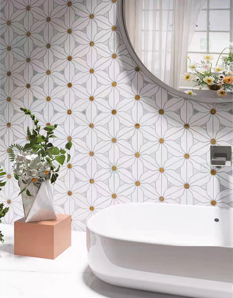 Decorative Flower Patterns White Natural Marble Mosaic Tile for Kitchen Backsplash Wall and Bathroom Floor