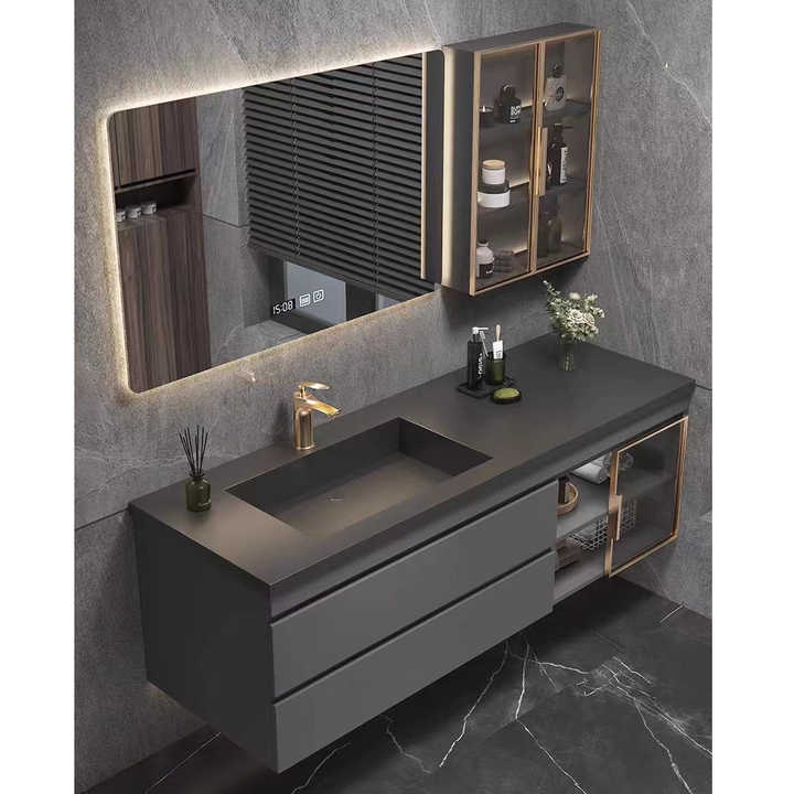 Luxury Single Sink Bathroom Vanity With Smart Mirror and Side Cabinet Modern Bath Room Furniture Vanity Sets