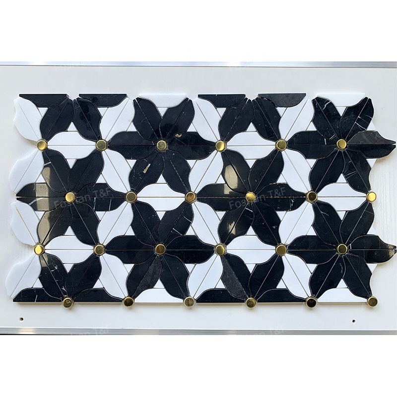 Waterjet Flower Pattern Marble Mosaic Brass Inlay Tile Mosaic Tile for Kitchen Backsplash and Bathroom Wall Tile
