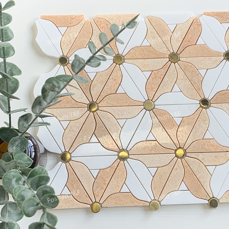 Waterjet Flower Pattern Marble Mosaic Brass Inlay Tile Mosaic Tile for Kitchen Backsplash and Bathroom Wall Tile
