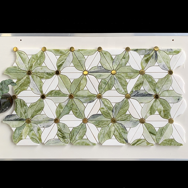 Waterjet Flower Pattern Marble Mosaic Brass Inlay Tile Mosaic Tile for Kitchen Backsplash and Bathroom Wall Tile