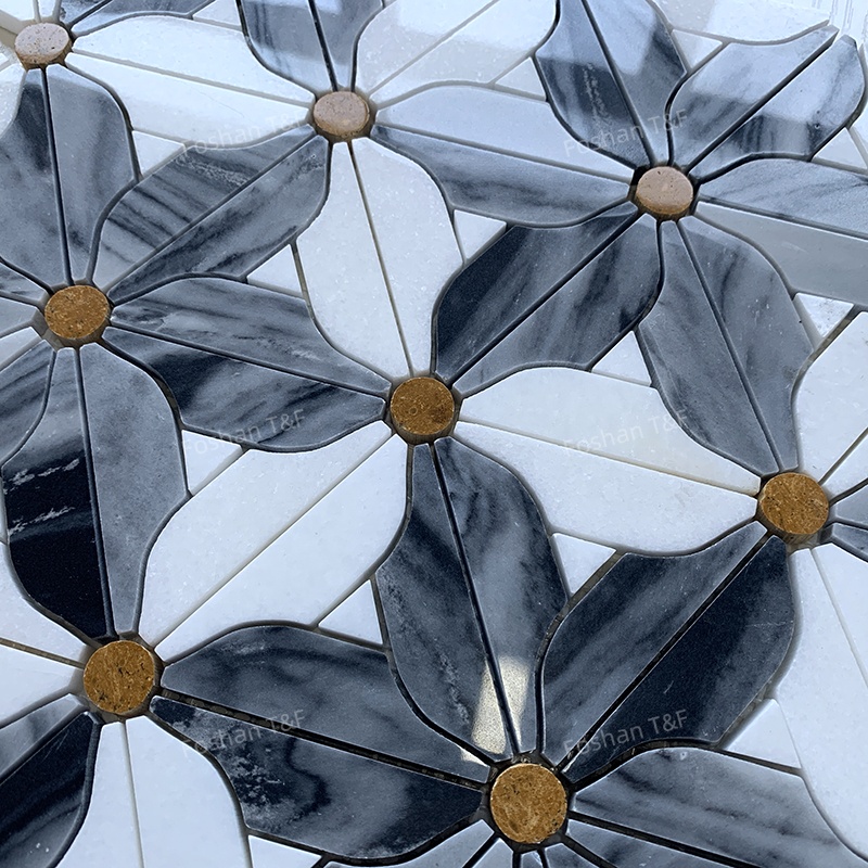Waterjet Flower Pattern Marble Mosaic Brass Inlay Tile Mosaic Tile for Kitchen Backsplash and Bathroom Wall Tile
