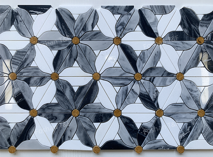 Waterjet Flower Pattern Marble Mosaic Brass Inlay Tile Mosaic Tile for Kitchen Backsplash and Bathroom Wall Tile