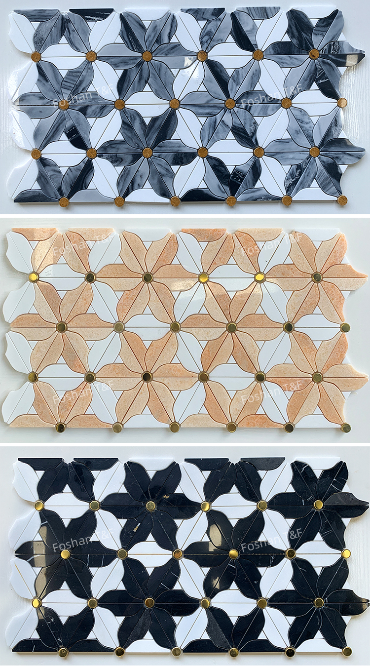 Waterjet Flower Pattern Marble Mosaic Brass Inlay Tile Mosaic Tile for Kitchen Backsplash and Bathroom Wall Tile