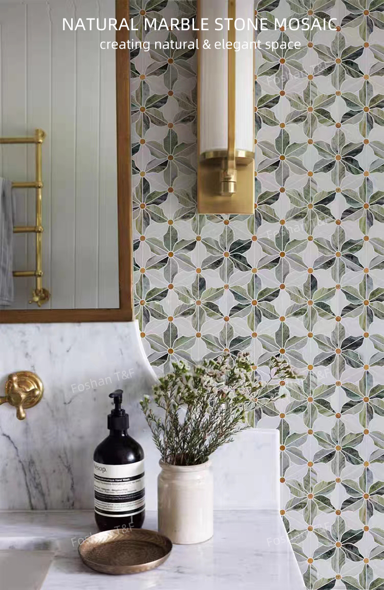 Waterjet Flower Pattern Marble Mosaic Brass Inlay Tile Mosaic Tile for Kitchen Backsplash and Bathroom Wall Tile