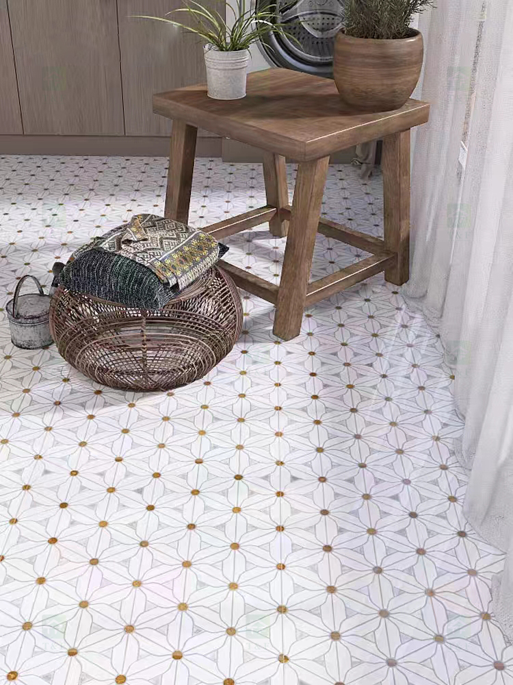 Waterjet Flower Pattern Marble Mosaic Brass Inlay Tile Mosaic Tile for Kitchen Backsplash and Bathroom Wall Tile