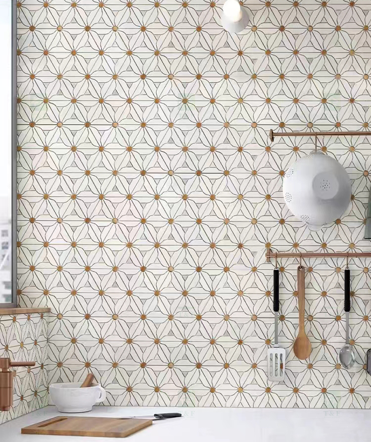 Waterjet Flower Pattern Marble Mosaic Brass Inlay Tile Mosaic Tile for Kitchen Backsplash and Bathroom Wall Tile