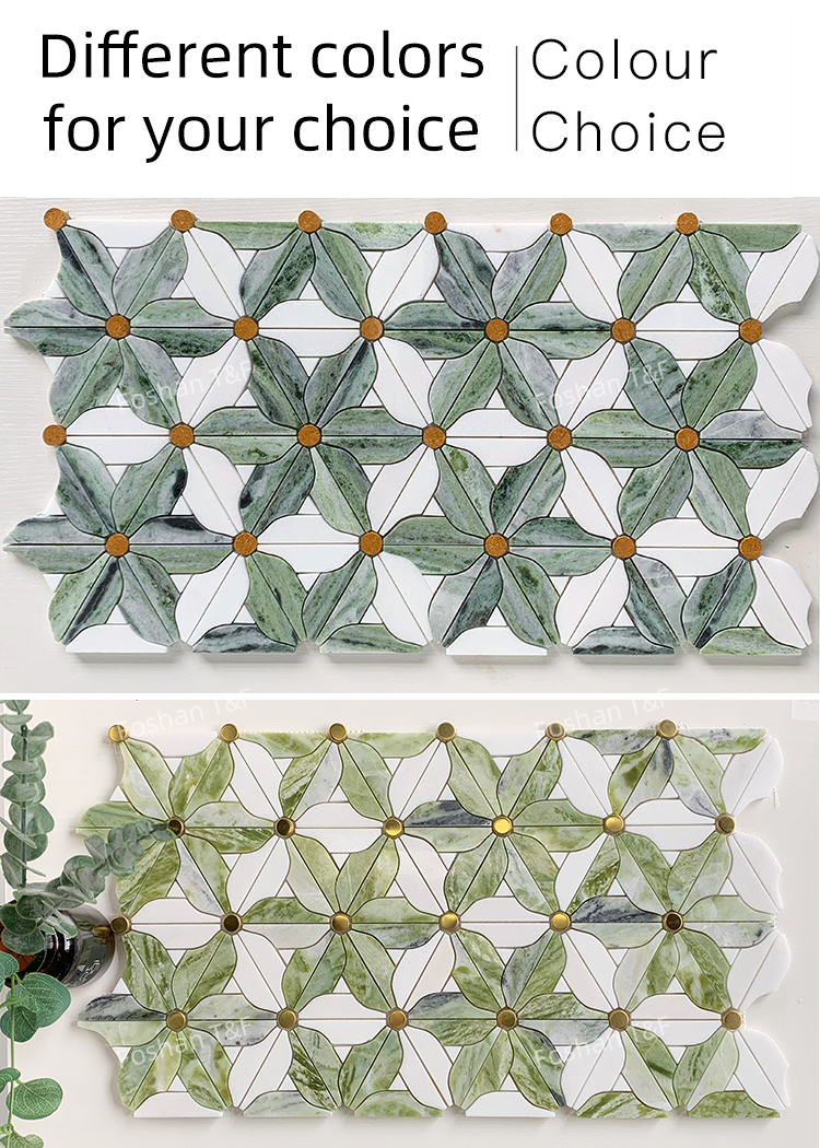 Waterjet Flower Pattern Marble Mosaic Brass Inlay Tile Mosaic Tile for Kitchen Backsplash and Bathroom Wall Tile