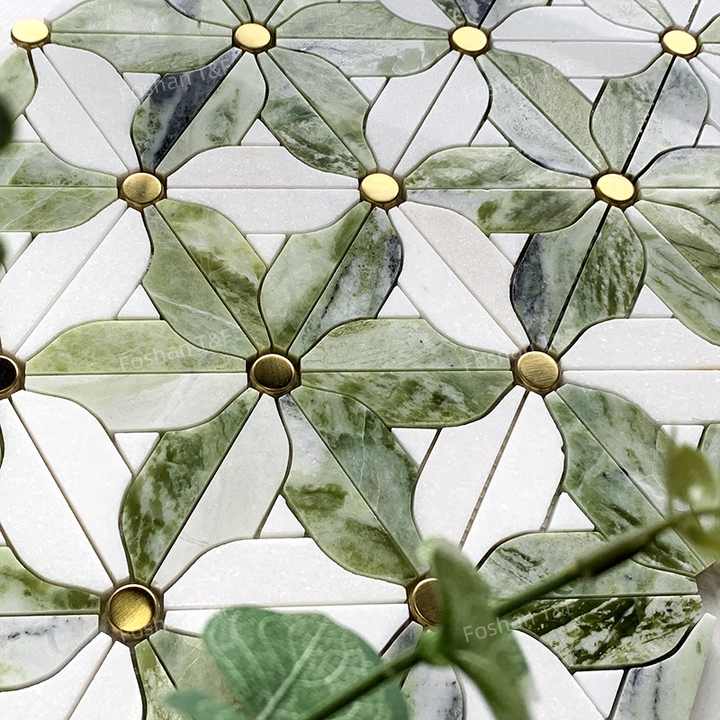 Waterjet Flower Pattern Marble Mosaic Brass Inlay Tile Mosaic Tile for Kitchen Backsplash and Bathroom Wall Tile