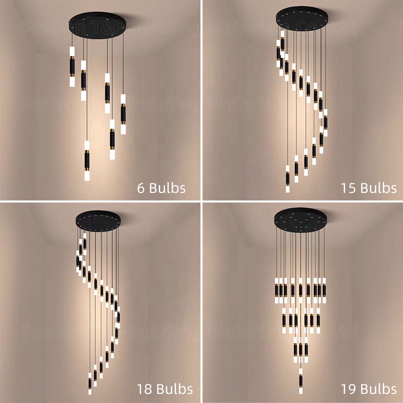Modern Black Gold Spiral Staircase Ceiling Chandelier Indoor Hanging LED Foyer Pendant Lamp for Home