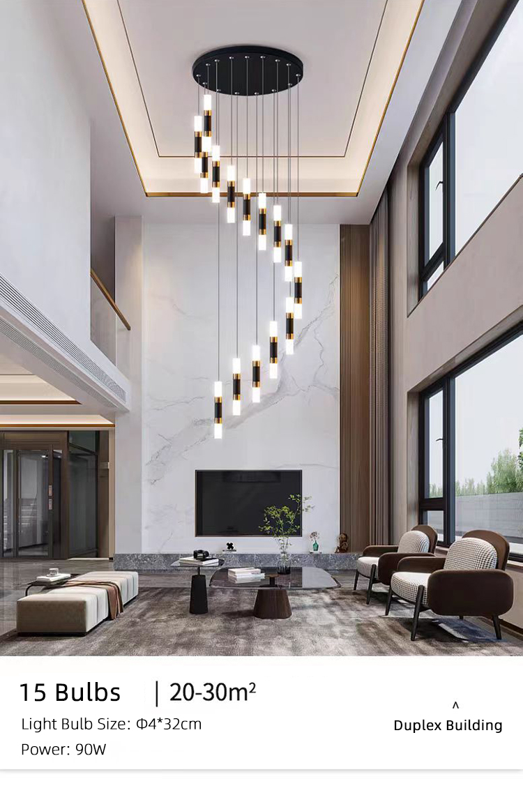 Modern Black Gold Spiral Staircase Ceiling Chandelier Indoor Hanging LED Foyer Pendant Lamp for Home