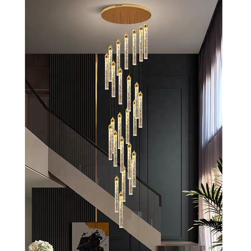 Customized Long Gold Modern Loft Duplex Led Ceiling Pendant Light Lobby Hanging Crystal Staircase Chandelier
