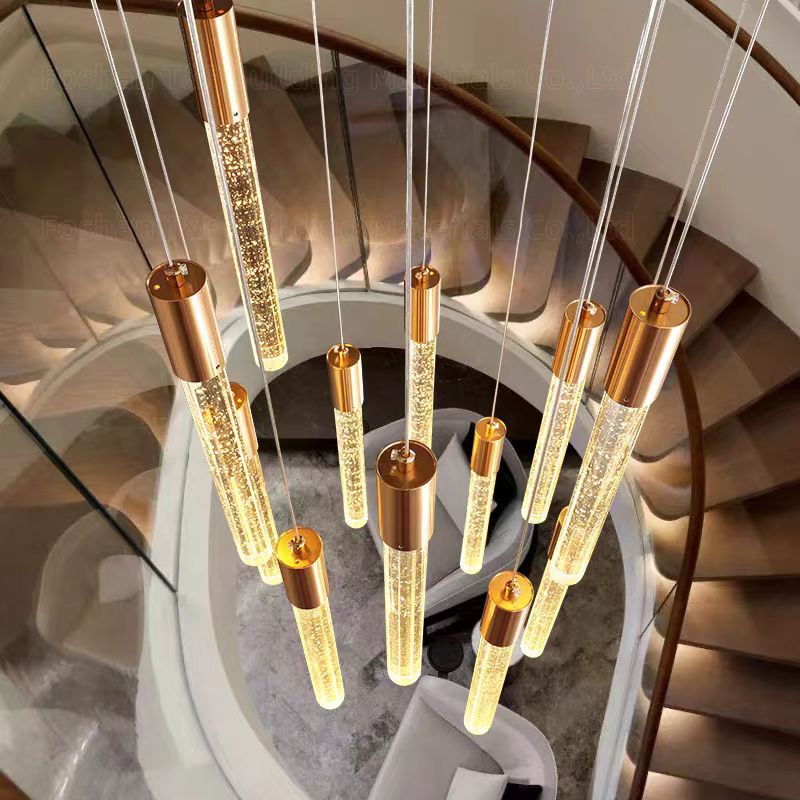 Customized Long Gold Modern Loft Duplex Led Ceiling Pendant Light Lobby Hanging Crystal Staircase Chandelier