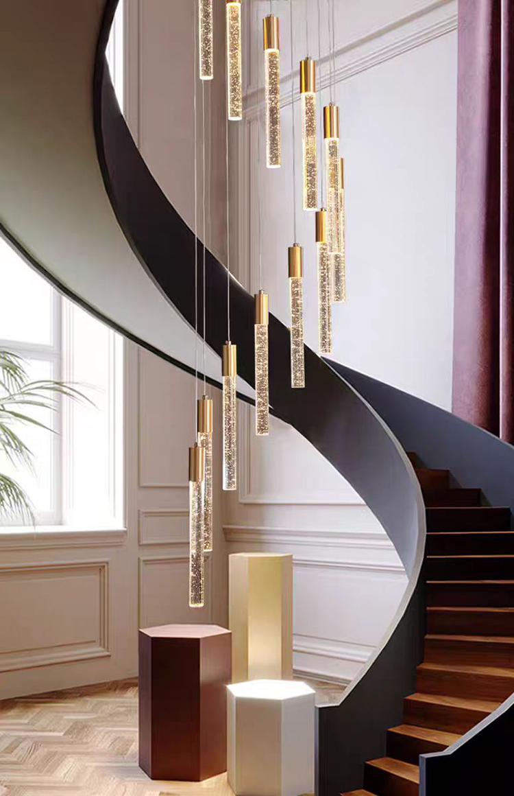 Customized Long Gold Modern Loft Duplex Led Ceiling Pendant Light Lobby Hanging Crystal Staircase Chandelier