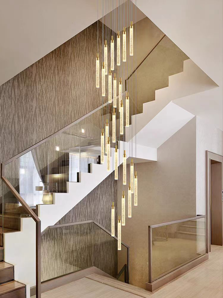 Customized Long Gold Modern Loft Duplex Led Ceiling Pendant Light Lobby Hanging Crystal Staircase Chandelier