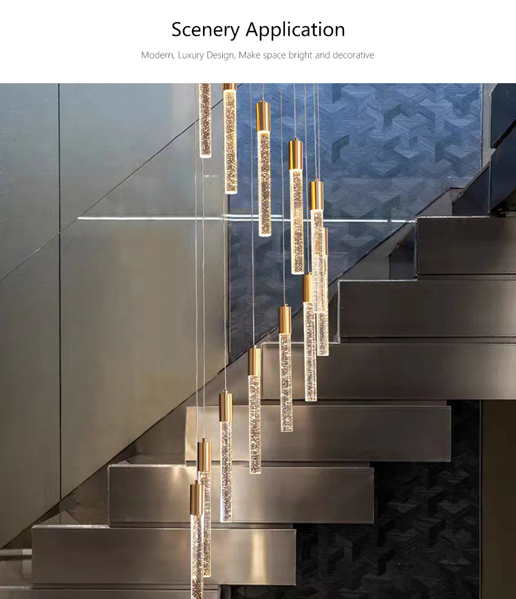 Customized Long Gold Modern Loft Duplex Led Ceiling Pendant Light Lobby Hanging Crystal Staircase Chandelier