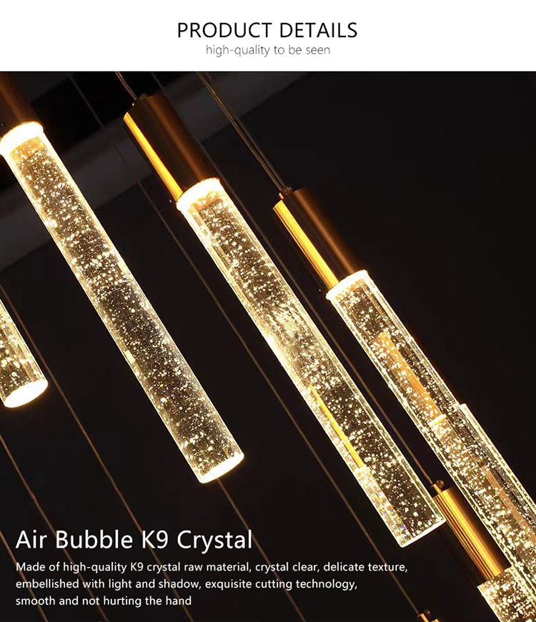 Customized Long Gold Modern Loft Duplex Led Ceiling Pendant Light Lobby Hanging Crystal Staircase Chandelier