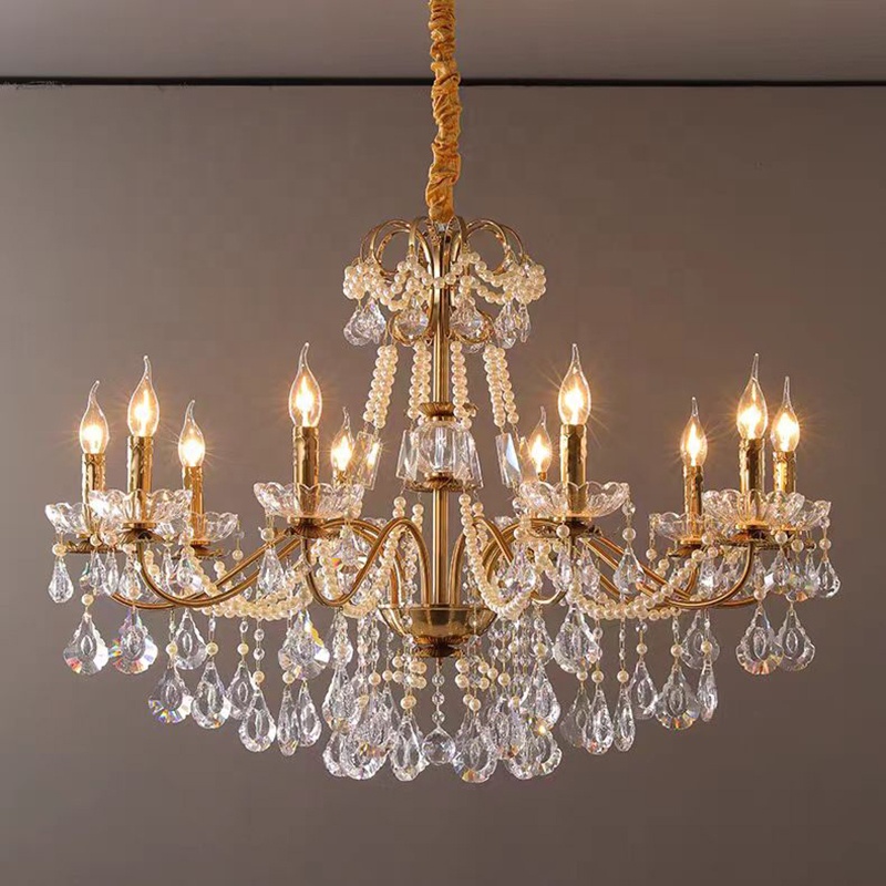 French Luxury American Classic Copper Vintage Crystal Chandelier for Restaurant Living Room Hotel Bedroom Hanging Pendant Lights