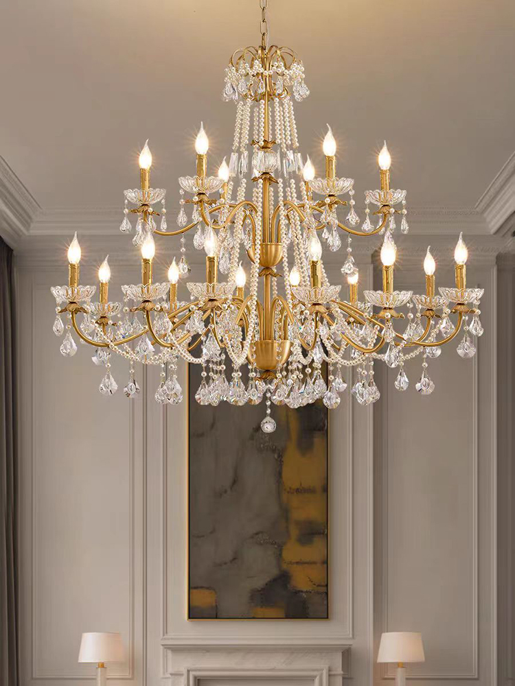 French Luxury American Classic Copper Vintage Crystal Chandelier for Restaurant Living Room Hotel Bedroom Hanging Pendant Lights