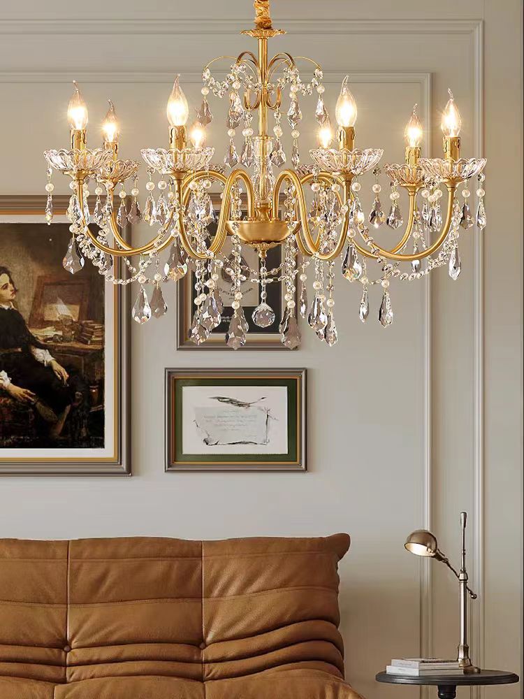 French Luxury American Classic Copper Vintage Crystal Chandelier for Restaurant Living Room Hotel Bedroom Hanging Pendant Lights
