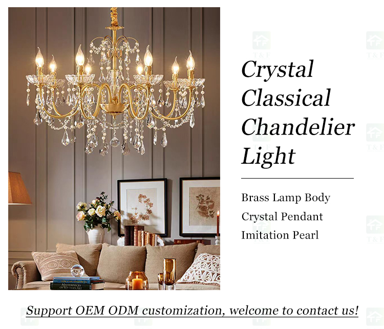 French Luxury American Classic Copper Vintage Crystal Chandelier for Restaurant Living Room Hotel Bedroom Hanging Pendant Lights