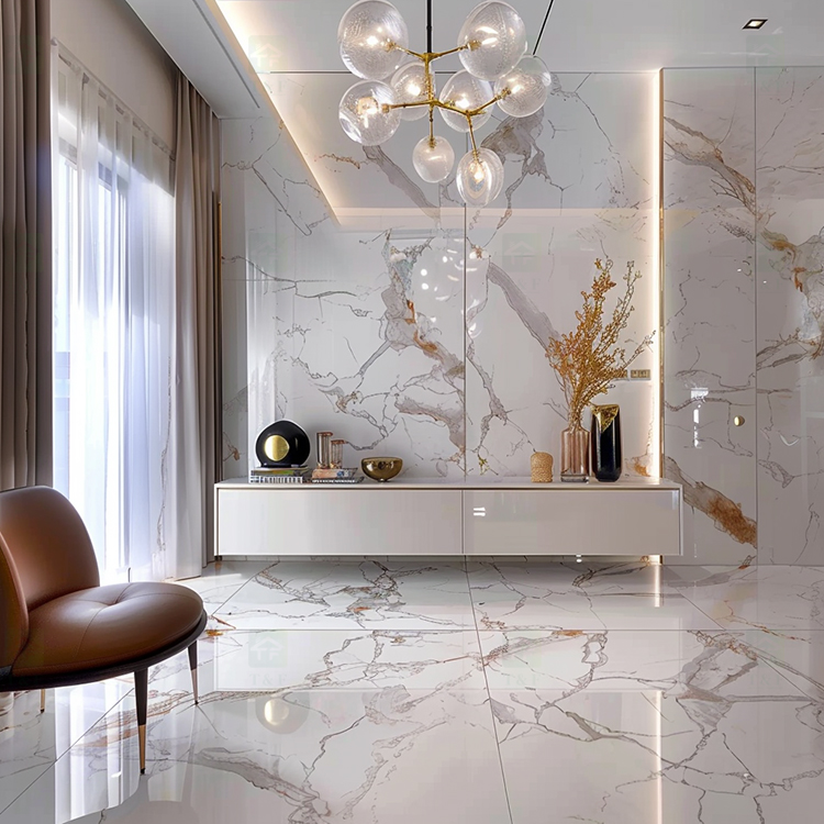 Luxury Large Format Calacatta Golden White Polished Glazed Marble Stone Slab Wall Tile for Floor 60x120 Porcelain