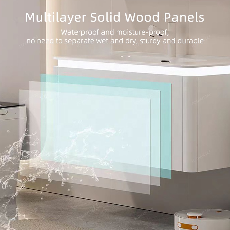 High Quality Modern Wall Hung Mounted Wooden Bathroom Cabinet Vanity Set With Smart LED Mirror and Basin