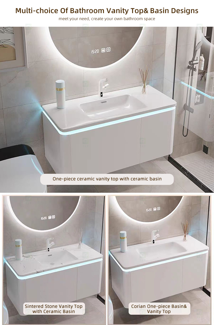 High Quality Modern Wall Hung Mounted Wooden Bathroom Cabinet Vanity Set With Smart LED Mirror and Basin