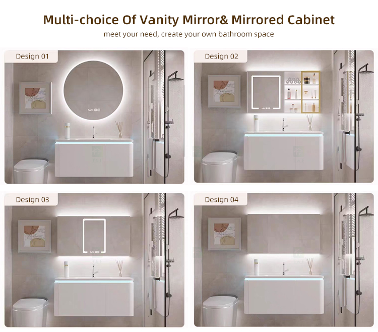 High Quality Modern Wall Hung Mounted Wooden Bathroom Cabinet Vanity Set With Smart LED Mirror and Basin