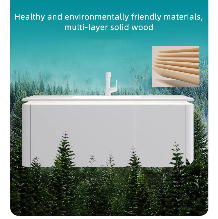 High Quality Modern Wall Hung Mounted Wooden Bathroom Cabinet Vanity Set With Smart LED Mirror and Basin