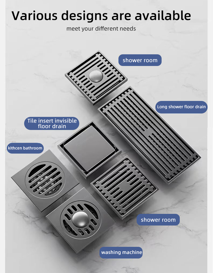 Modern Black Gray Bathroom Shower Accessories Brass 4 Inch Anti Odor SUS 201 304 Stainless Steel Floor Drain