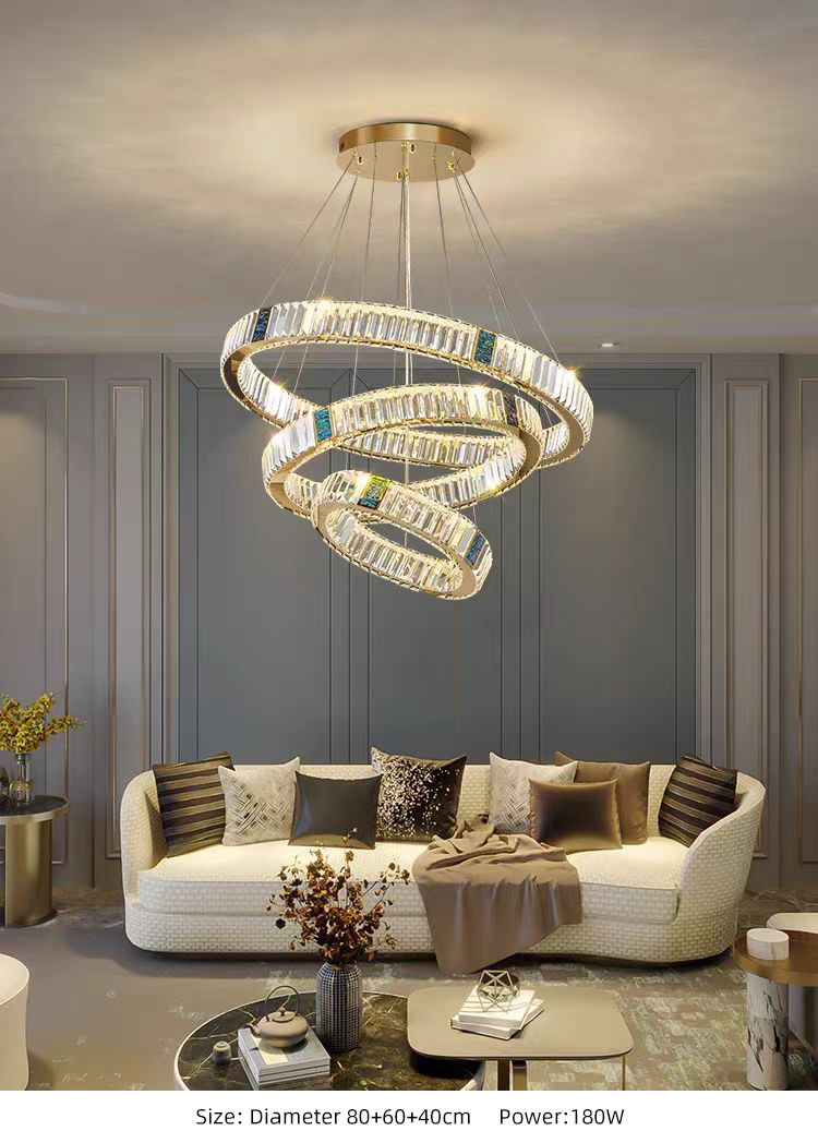 Luxury Decorative Round Circle Ring Stainless Steel Crystal Living Room Hanging Chandeliers Pendant Lights