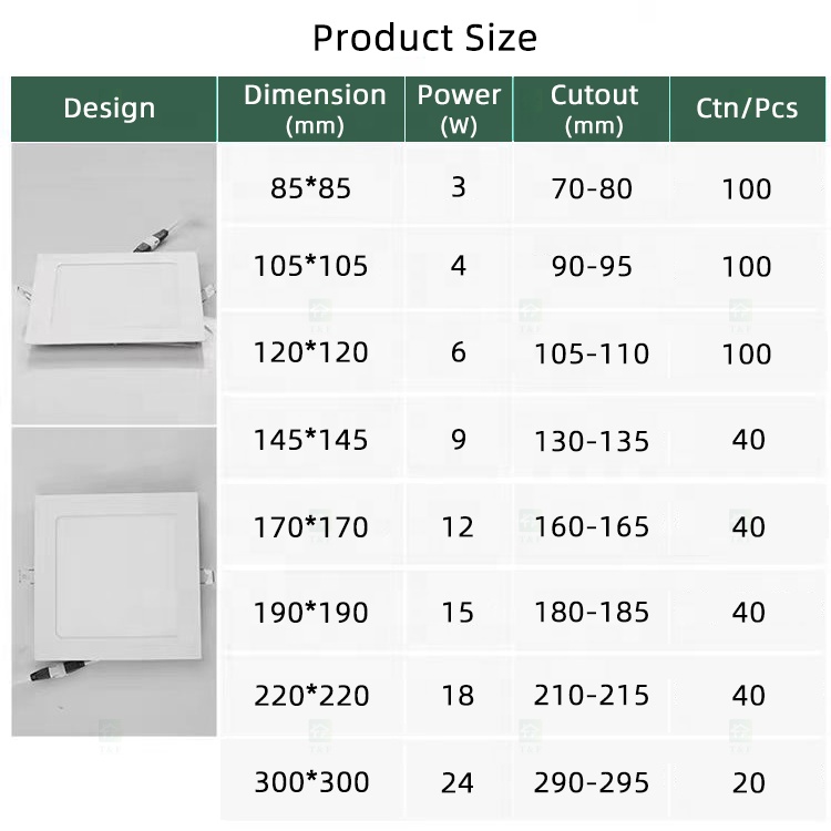 High Quality Ultra Thin Square 3W 6W 9W 12W 18W 24W Aluminum Recessed LED Panel Light for Home Office Ceiling