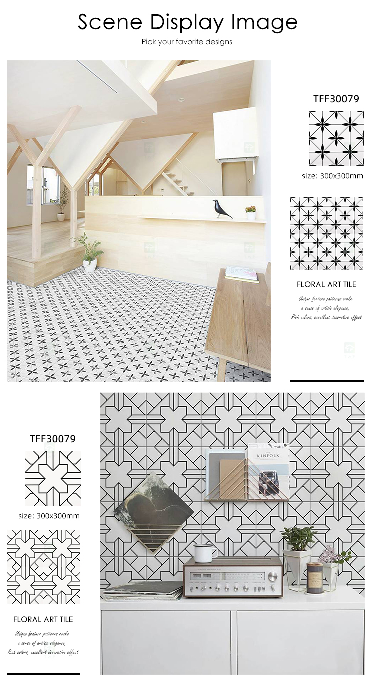 Factory Direct Black and White 300x300 Art Design Anti-slip Matte Kitchen Hotel Bathroom Toilet Balcony Wall Floor Tiles
